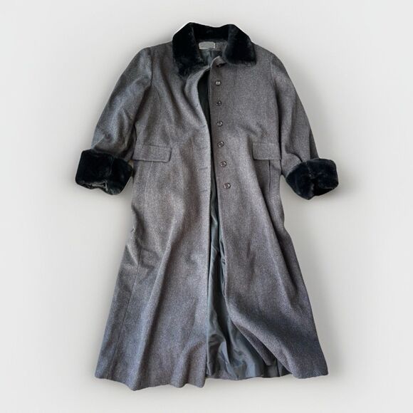 Albert Nipon Womens Long Wool Coat Size 18 Plus Lined Fair Fur Trim USA - Picture 1 of 6